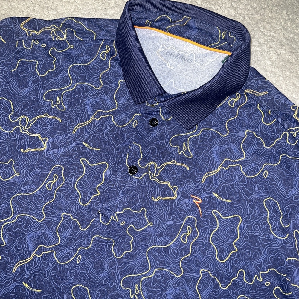Chervo Polo Shirt Men's Sz 50 (M) Blue Topographic Map Print Golf Made in Italy